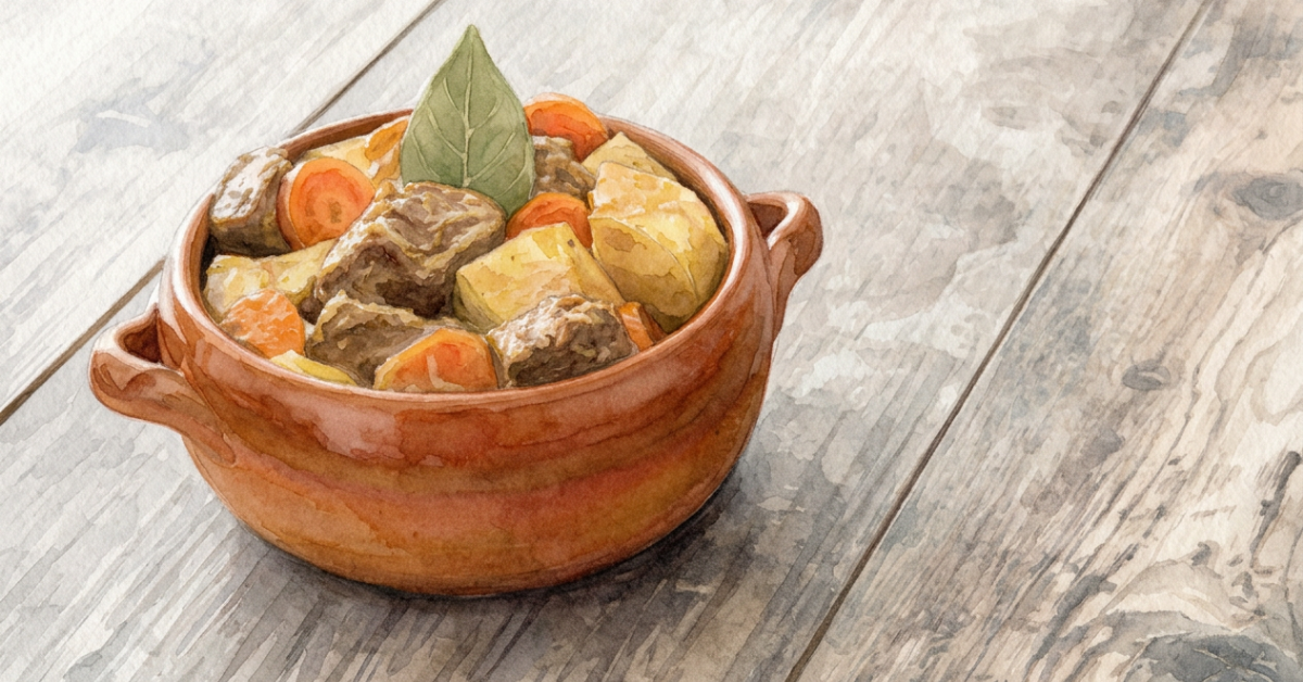 A watercolor painting of a hearty beef stew with carrots, potatoes, and a bay leaf in a rustic terracotta pot on a weathered wooden table.