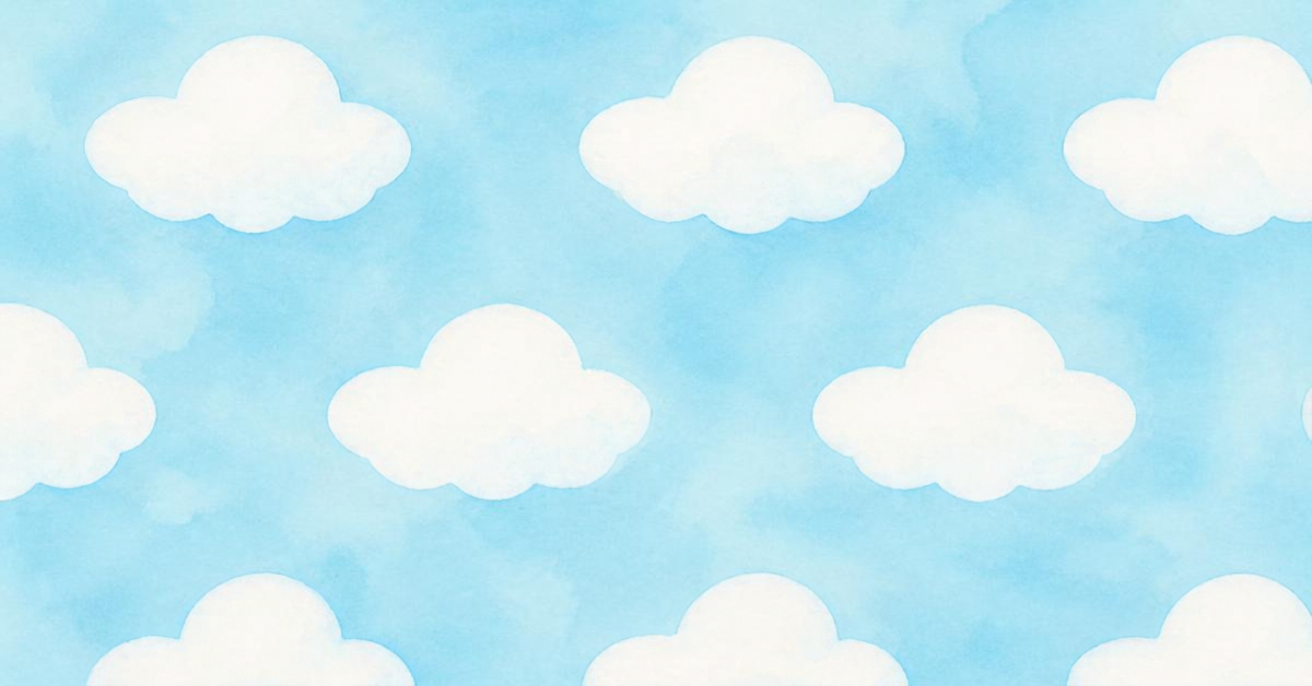 A whimsical watercolor pattern of soft white clouds across a pale blue sky.