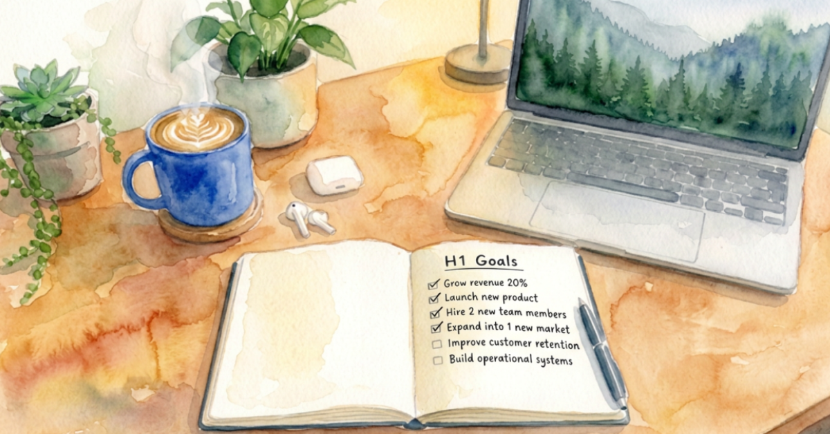 Open notebook titled H1 Goals with some items checked off, on a warm wooden desk with coffee and plants.