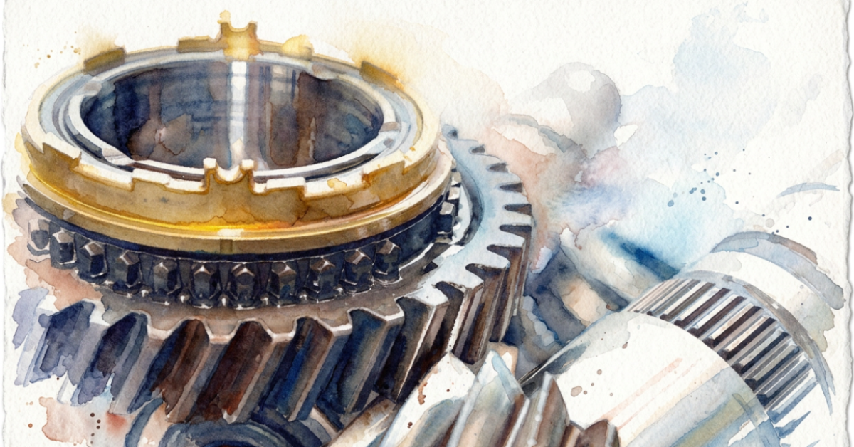 Close-up of polished metallic gears in watercolour shading.